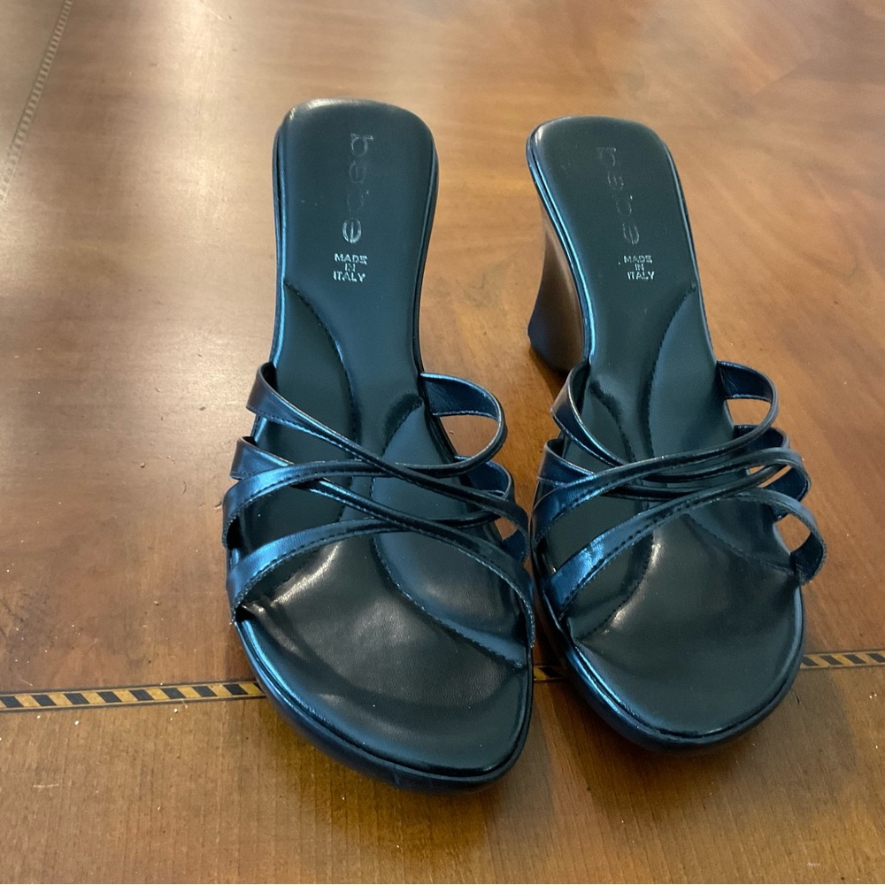 bebe Black Strappy Slide Mules with Sculpted Heel